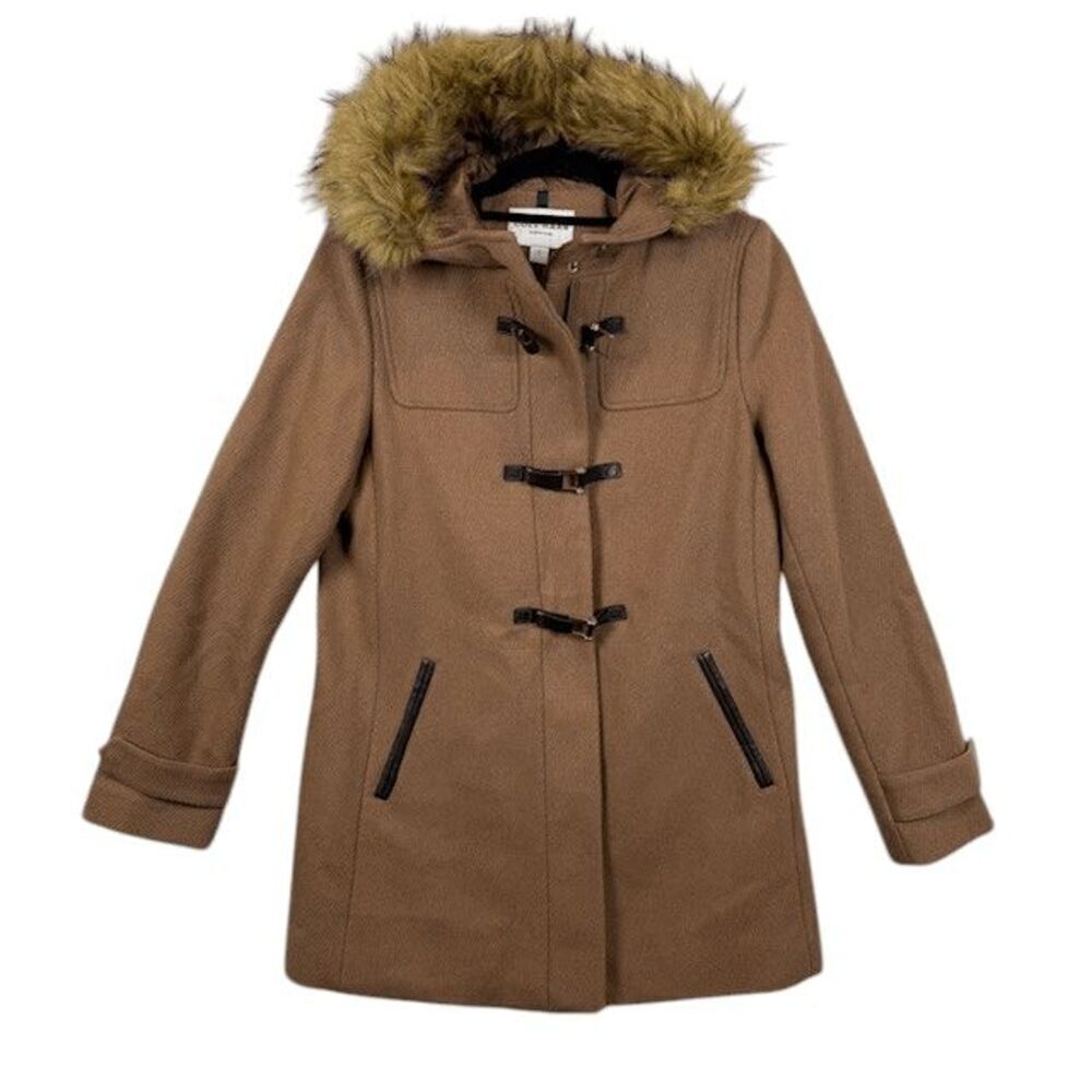 Cole Haan Signature Wool Leather Snap Faux-Fur-Trim Hooded Coat Camel Tan Size 4 - Picture 2 of 16